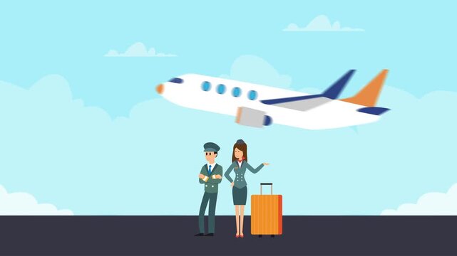 Aviation Crew Concept with Commercial Airplane Flying in Sky, Pilot and Stewardess with Suitcase cartoon animation