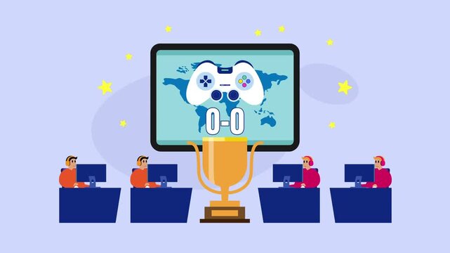 Esports Championship Tournament Concept with Teams Competing for Golden Trophy cartoon animation