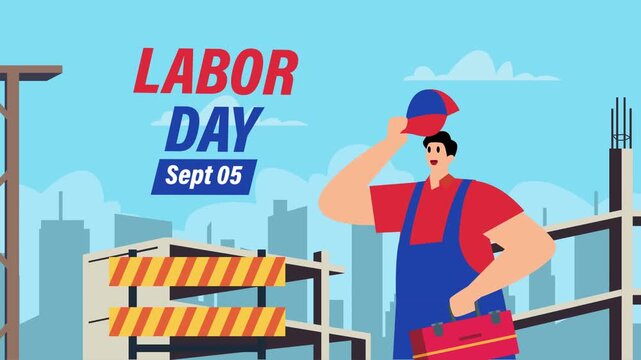 Labor Day Celebration Concept with Construction Worker Holding Toolbox at Building Site cartoon animation