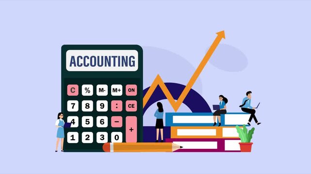 Professional Accounting and Bookkeeping Concept with Giant Calculator, Financial Growth Chart, and Office Workers cartoon animation