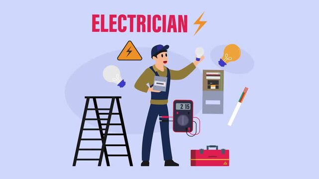 Professional Electrician Service Concept with Technician, Electrical Tools, and Equipment Infographic cartoon animation