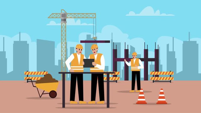 Construction Engineers and Workers Discussing Project Plans at Building Site with Crane cartoon animation