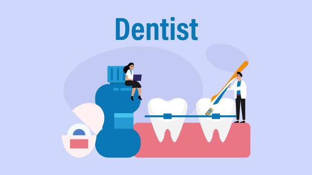 Dental Care Concept with Tiny Dentist Characters, Braces, and Oral Hygiene Products cartoon animation
