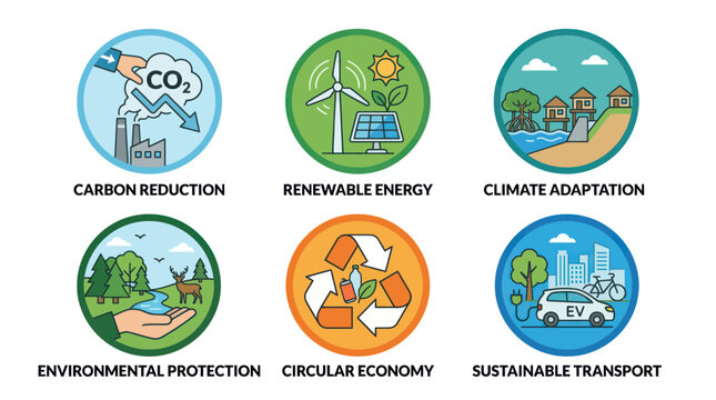 Sustainability Icons: Renewable Energy, Circular Economy, Climate Adaptation, EV