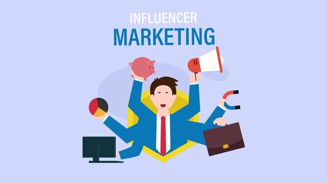 Influencer Marketing Specialist Multitasking with Social Media and Business Tools cartoon animation