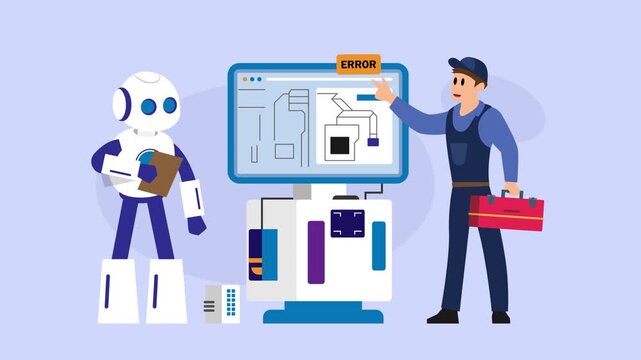 Technician and AI Robot Fixing System Error: Industrial Automation and Technical Support cartoon animation
