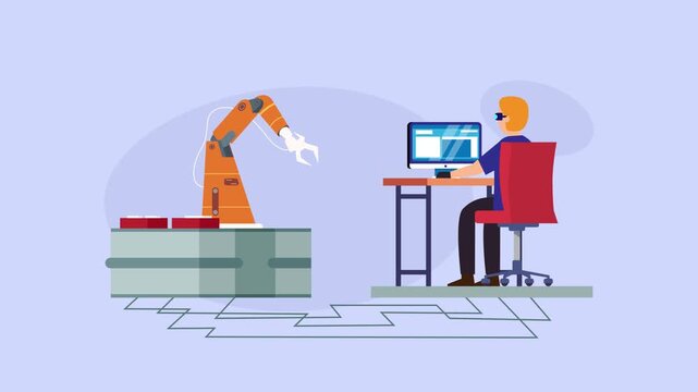 Remote Robotic Control and VR Engineering Concept: Engineer Using Virtual Reality to Operate Industrial Robot Arm cartoon animation