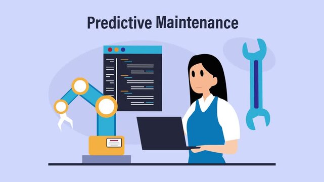 Predictive Maintenance Concept: Engineer with Laptop Monitoring Industrial Robot Arm and Software Code cartoon animation