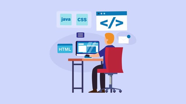 Web Developer Working at Desk Concept: Programmer Coding with Java, HTML, and CSS cartoon animation