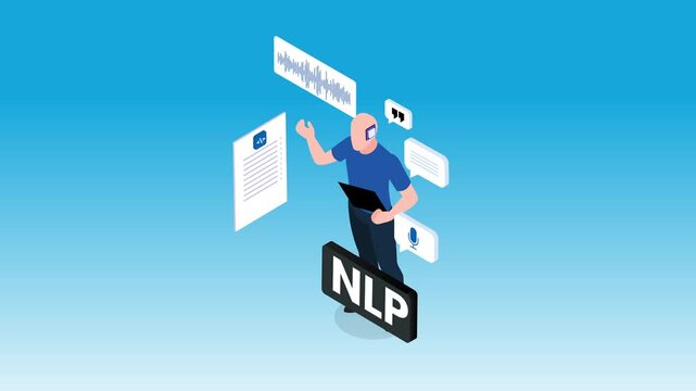 Natural Language Processing (NLP) Concept with Cyborg Developer and Voice Recognition Elements 3d animation cartoon