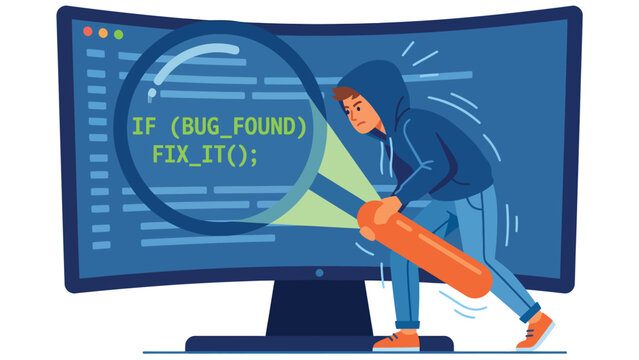 Hacker inspecting computer code with a magnifying glass, searching for bugs and errors to fix.