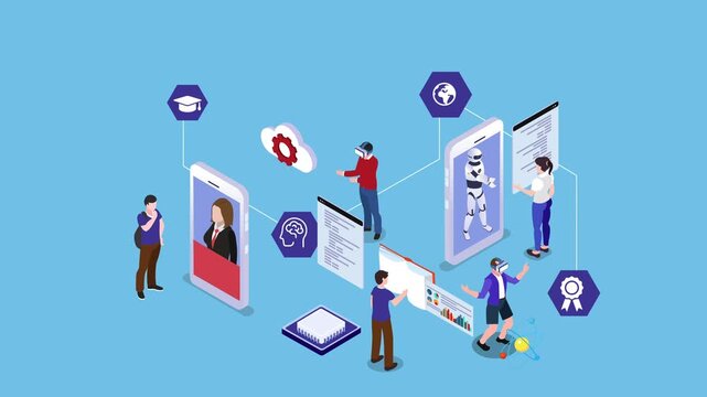Isometric Digital Education and AI Learning Technology Concept with Students and Robots 3d animation cartoon