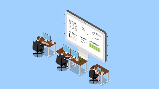 DevOps Network Operations Center Monitoring Cloud Service Metrics 3d animation cartoon