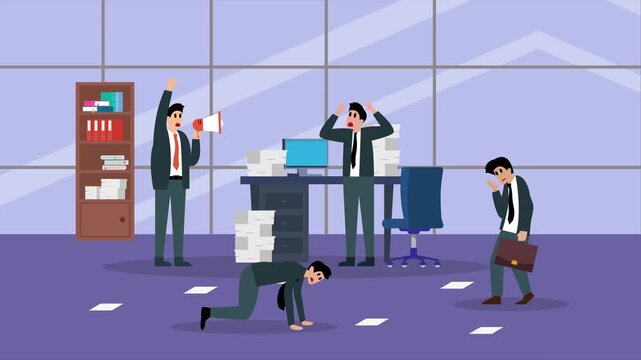 Stressed Office Workers and Angry Boss in Hard Working Environment cartoon animation