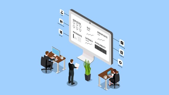 DevOps Team Monitoring Cloud Service Metrics and System Dashboard 3d animation cartoon