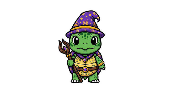 Cute cartoon wizard turtle holding a magic wand, dressed in a purple starry hat and robe.