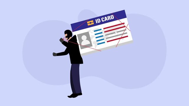 Identity Theft Concept with Thief Stealing and Carrying Large ID Card cartoon animation
