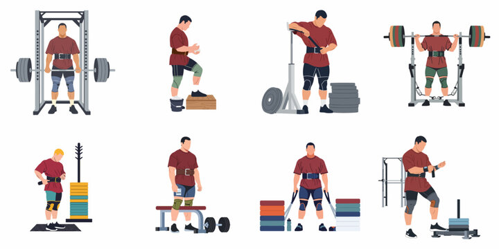 Flat vector illustrations of powerlifters performing various strength training exercises and preparing for heavy lifts with gym equipment like barbells and racks.