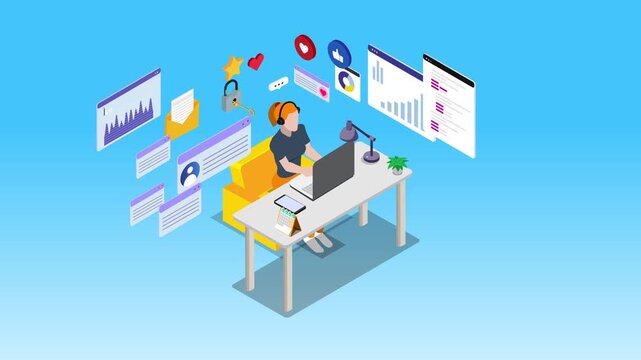 female freelancer working on laptop surrounded by data dashboards, emails, code, and social media notifications 3d animation cartoon