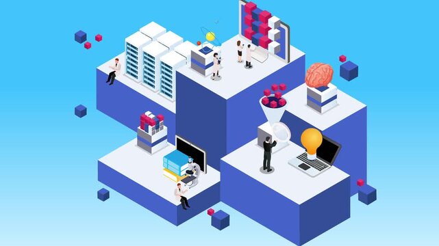 Artificial Intelligence and Data Science Laboratory with Scientists Researching Big Data 3d animation cartoon