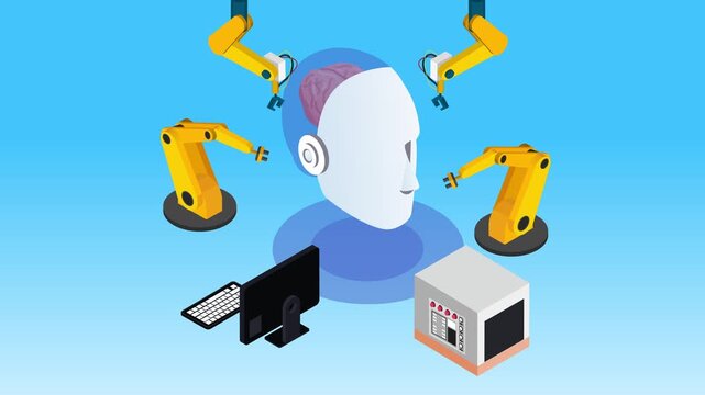 Robotic Arms Assembling Artificial Intelligence Android Head in Tech Factory 3d animation cartoon