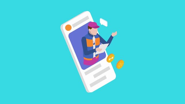 Online Personal Training Concept with Isometric Fitness Coach on Smartphone Screen 3d animation cartoon