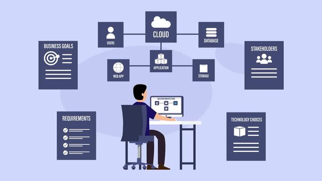 Solution Architecture Concept Illustration with IT Engineer Designing Cloud Network Systems cartoon animation