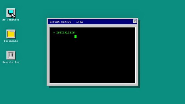 Retro computer desktop displaying system initialization in a command line interface