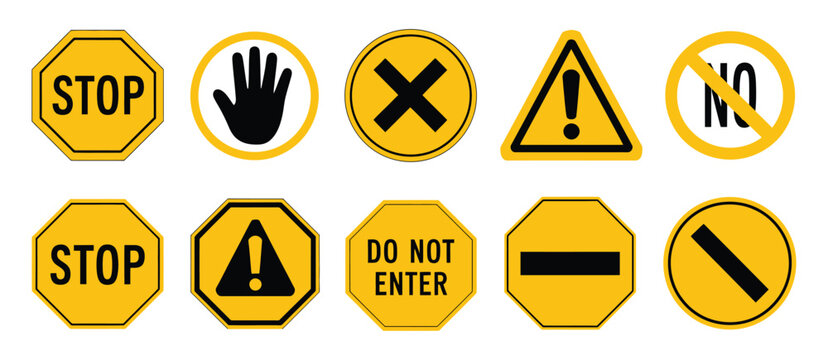 Stop sign icons with do not cross, alert marks, and caution symbols.