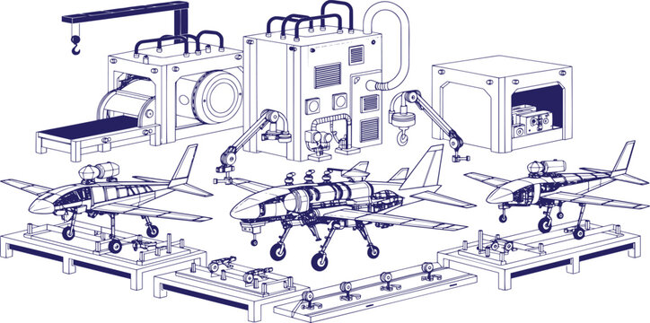 Military Drone Manufacturing Factory with Assembly Line Art, UAV Production Facility Engineering Sketch, Aerospace Defense Technology Industrial Vector Illustration