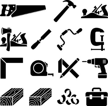 Woodworking tool icons set featuring hand saws hammers chisels drills tape measures planes axes clamps and lumber blocks for carpentry construction repair projects.