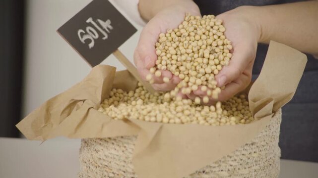 Granos de soja, legumbre para alimentaci&oacute;n saludable y prote&iacute;na vegetal, mano sosteniendo y dejando caer granos en c&aacute;mara lenta (Slow Motion), Footage cocina, comida