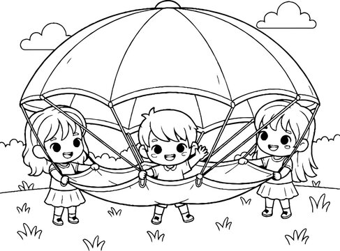 Three children happily playing with large parachute outdoors.