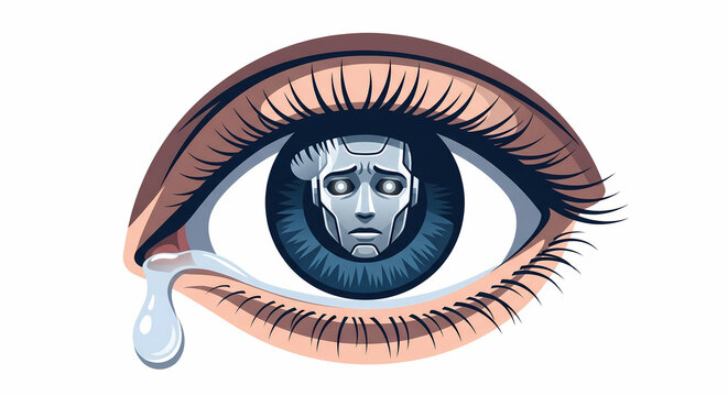 Close-up vector illustration of a crying human eye shedding a tear with a sad robotic face reflected in the pupil, representing machine empathy, AI emotion, and human-robot connection.