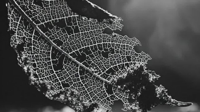 Black and white close-up of a decaying leaf with intricate network-like patterns on dark background.