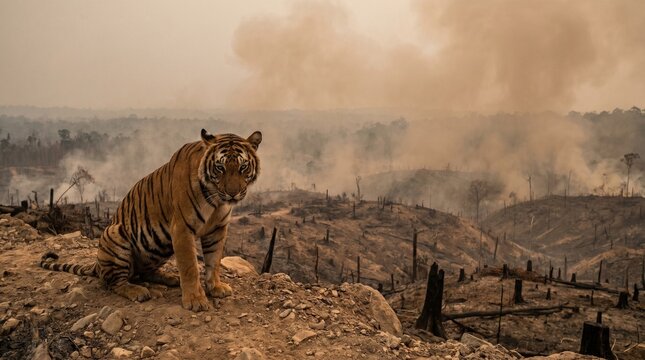 Tiger in a devastated forest landscape with smoke and destruction