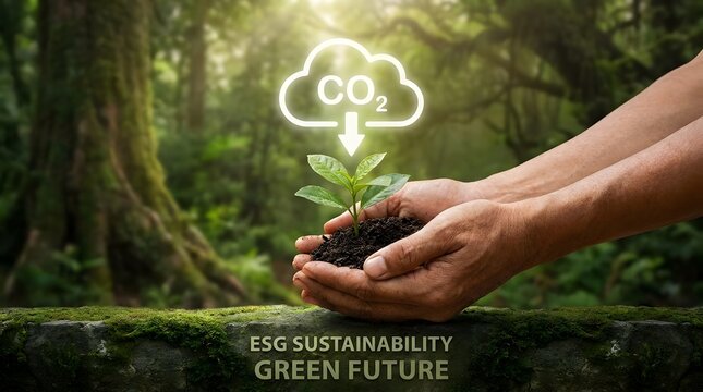 Human hands holding a growing plant with a glowing CO2 reduction icon, symbolizing ESG sustainability and a green future