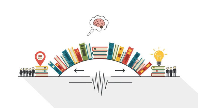 Knowledge sharing and learning concept with books and lightbulb.