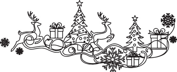 Festive christmas horizontal border illustration featuring reindeer evergreen trees gift boxes and snowflakes for holiday stationery and coloring designs christmas reindeer snowflake © MDSADDAM