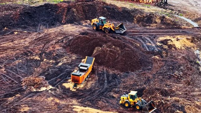 Bulldozers and loaders operate at a Latvian sawmill, shifting soil and woodchips. Timber piles in the background highlight forestry operations. Useful for industrial or environmental projects.