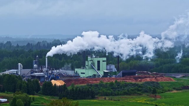 Thick smoke rises from the Stora Enso facility surrounded by dense forests in Latvia. Ideal for environmental and industrial themes.