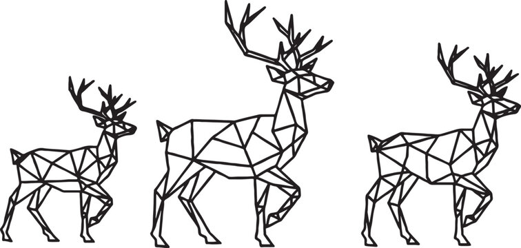 Set of three low poly geometric deer stags walking modern polygonal line art illustration of reindeer for minimalist design and winter decor reindeer wildlife geometric polygonal