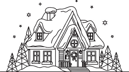 Fototapeta premium Snowy winter house landscape line art with pine trees and stars for kids coloring book page illustration landscape coloring architecture building seasonal christmas minimalist