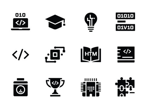 Black and white icons of programming coding and web development on white background