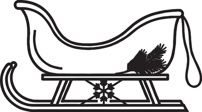 Traditional christmas sleigh illustration with pine branch and snowflake detail in black and white line art style for holiday graphics christmas transport snowflake decoration seasonal