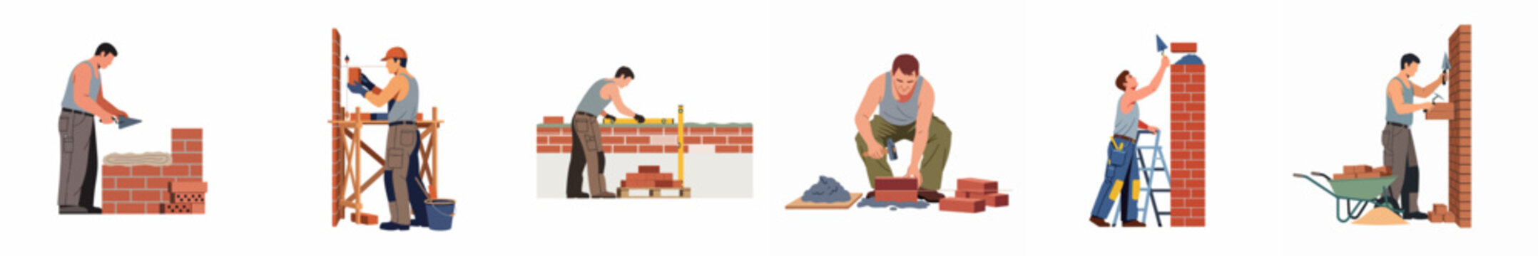 Set of professional bricklayers and construction workers building walls using various masonry tools and equipment, isolated on a white background.