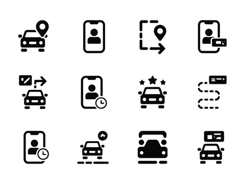 Black and white icons of ride sharing and location services on mobile phones  transportation and technology