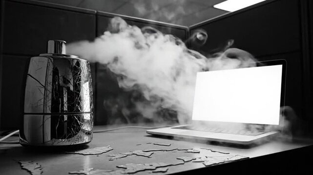 Black and white still life with aromatherapy diffuser and laptop blank screen shrouded in vapor