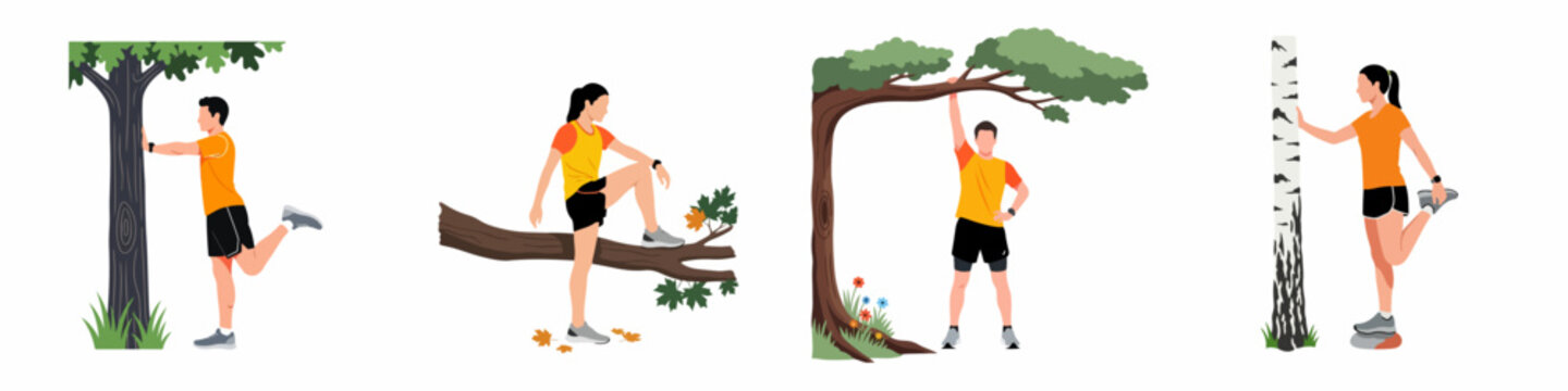 Set of illustrations showing people stretching in nature using trees and logs as support for their outdoor workout and healthy lifestyle routine.