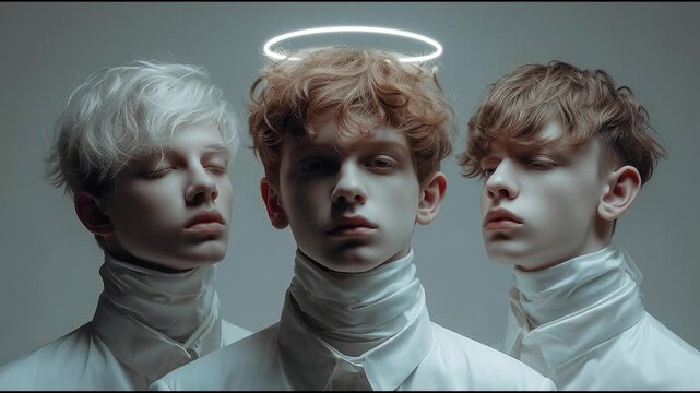 Surreal triple portrait of young person with duplicate heads in soft lighting, concept of identity, perception and altered reality with minimalist aesthetic